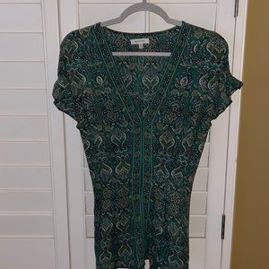 Tie-Front Blouse In Green With Dropped-Shoulder Flutter Sleeve